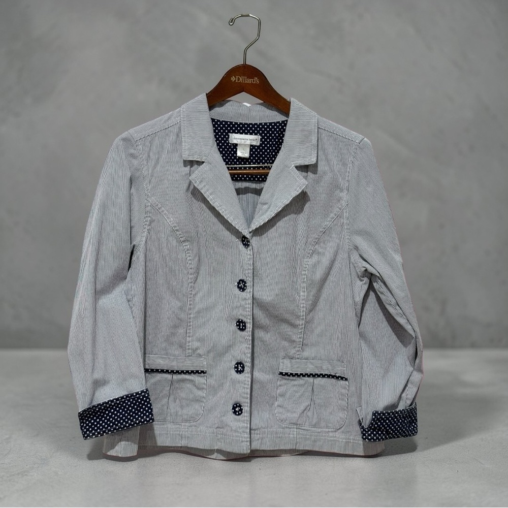 Christopher & Banks Gray Blazer with Navy Polka Dot Trim